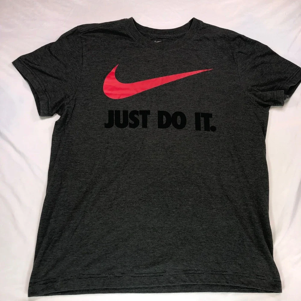 Nike Just Do It Graphic T-Shirt Mens Medium Grey Red Swoosh Athletic Tee 00677
